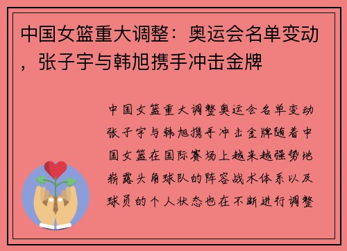 中国女篮重大调整：奥运会名单变动，张子宇与韩旭携手冲击金牌