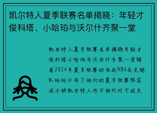 凯尔特人夏季联赛名单揭晓：年轻才俊科塔、小哈珀与沃尔什齐聚一堂