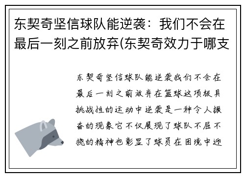 东契奇坚信球队能逆袭：我们不会在最后一刻之前放弃(东契奇效力于哪支球队)