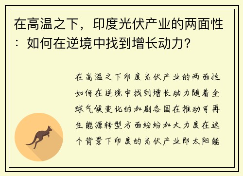 在高温之下，印度光伏产业的两面性：如何在逆境中找到增长动力？