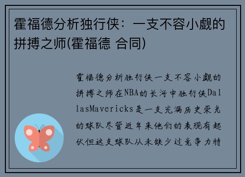霍福德分析独行侠：一支不容小觑的拼搏之师(霍福德 合同)