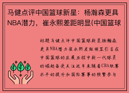 马健点评中国篮球新星：杨瀚森更具NBA潜力，崔永熙差距明显(中国篮球运动员马健)