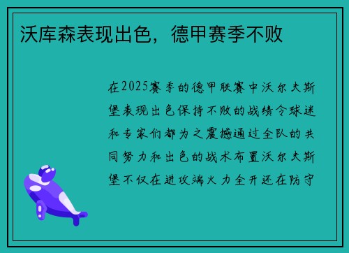 沃库森表现出色，德甲赛季不败
