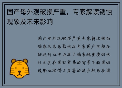 国产母外观破损严重，专家解读锈蚀现象及未来影响