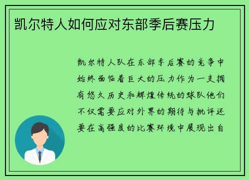 凯尔特人如何应对东部季后赛压力